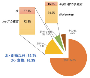 図3 どのようなルートで病原菌が体に入るか(バングラディシュでの測定例.Harada et al. (2017) Fecal exposure analysis and E. coli pathotyping: a case study of a Bangladeshi slum, International Symposium on Green Technology for Value Chains 2017, 23-24 October, 2017, Balai Kartini, Jakarta.)