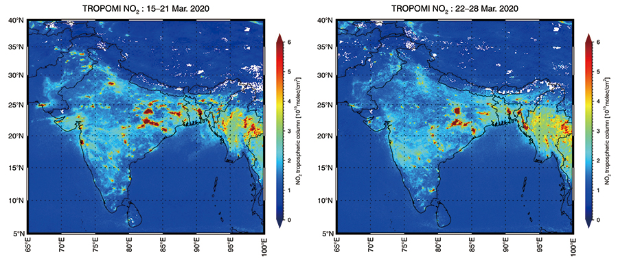 Figure 2 Nitrogen dioxide concentrations observed with satellite sensor (TROPOMI) just before lockdown (left) and after lockdown (right) in India.
