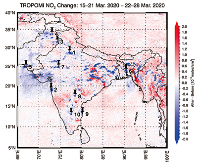Figure 3 : Changes in nitrogen dioxide concentrations before and
after lockdown in India, observed with satellite sensor (TROPOMI). Areas marked blue show a decrease, those marked red an increase. Pinned spots indicate major cities: 1. Delhi; 2. Mumbai; 3. Lahore; 4. Islamabad; 5. Karachi; 6. Dhaka; 7. Chittorgarh; 8. Hyderabad; 9. Chenna; and 10. Bangalore. See also pages 16-17.
