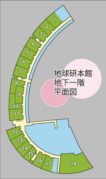地球研本館 地下一階 平面図(放射線測定ポイント)