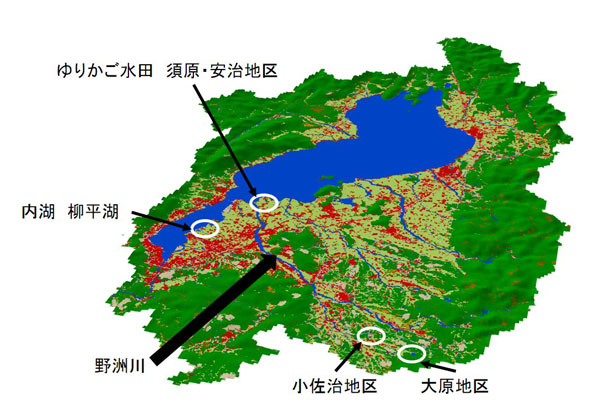 琵琶湖の全景と野洲川の位置