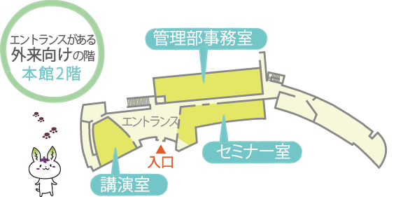 本館２階　エントランスがある外来向けの階 管理部事務室 講演室 セミナー室