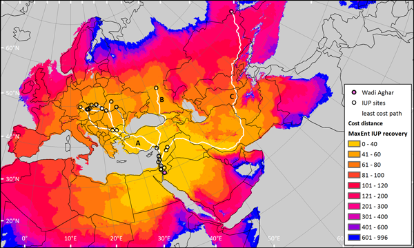 図１　気候が比較的湿潤だった時期（亜間氷期）に、最南端の上部旧石器時代初頭の遺跡（ピンクの○）を起点として同じ石器群を持つ遺跡に向かう最適経路（白い線）Aはアナトリア高原、Bはコーカサス地方、Cはイランから中央アジアを通る。○は、上部旧石器時代の遺跡を示す。