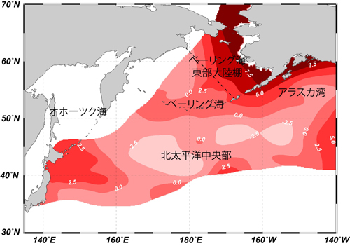 図3 北太平洋における窒素安定同位体比の同位体比地図。ベーリング海東部の大陸棚では、特に高い同位体比となっていることが分かる。