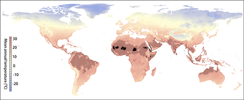 図　よく使われる気候シナリオに基づく酷暑地域の拡大。現在の気候では、年平均気温が29度を超えるところはサハラ地方の小さな暗色の地域に限られる。しかしRCP8.5シナリオに基づく予測によれば、2070年にはそのような条件の場所が網掛けの地域に広がる。SSP3人口シナリオに基づくと、移住を考慮しなければ、2070年にこの地域には35億人が暮らしていることになる。背景の段彩は現在の年平均気温を表す。