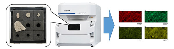 収集した軽石と独自開発の治具（左）／蛍光X線分析装置（中）／成分分析のイメージ図（右）