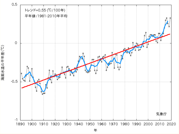 図1:全球平均の年平均海面水温の長期変化傾向(気象庁、2020)