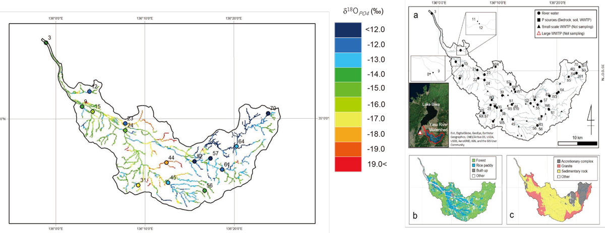 リン酸-酸素安定同位体分析で描いた琵琶湖・野洲川流域におけるリン循環の地図（左図）。河川水のリン酸-酸素安定同位体比（δ18Op）の空間分布は流域の土地利用や地質特性を反映（右図）