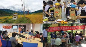 写真　左上：ブータン農風土右上：子どもの食育（日本）　左下：オランダの生協本部　　右下：農家と研究者交流会（中国）