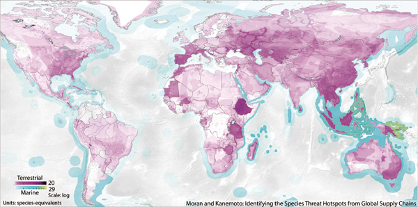 図　日本の消費によって世界各国で種を絶滅の危機に晒している場所を地図上に視覚化