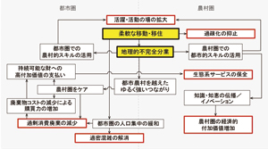 図１　不完全分業理論モデル（仮説）ゆるい移住である柔軟な移動・移住と地理的不完全分業を起点に好循環が起きる確率を高められれば、過剰消費・廃棄の減少と生態系サービスの保全を通じて地球環境問題解決に資することができる一方、農村圏の経済的付加価値増加と過疎化の抑止が可能になる。