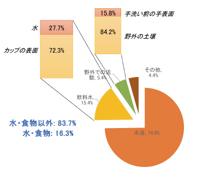 図2: どのようなルートで病原菌が体に入るか(バングラディシュでの測定例.Harada et al. (2017) Fecal exposure analysis and E. coli pathotyping: a case study of a Bangladeshi slum, International Symposium on Green Technology for Value Chains 2017, 23-24 October, 2017, Balai Kartini, Jakarta.)