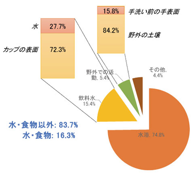 図2: どのようなルートで病原菌が体に入るか(バングラディシュでの測定例.Harada et al. (2017) Fecal exposure analysis and E. coli pathotyping: a case study of a Bangladeshi slum, International Symposium on Green Technology for Value Chains 2017, 23-24 October, 2017, Balai Kartini, Jakarta.)
