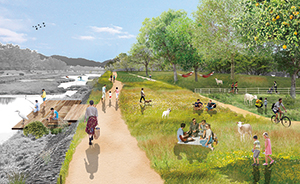図1：2050年の鴨川周辺の様子。人と自然の共存するポスト成長期フードシステム。（Ⓒ2021 AOI Landscape Design 吉田葵氏作成）