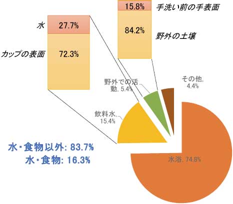 図2：どのようなルートで病原菌が体に入るか（バングラデシュでの測定例．Harada et al. (2017) Fecal exposure analysis and E. coli pathotyping: a case study of a Bangladeshi slum, International Symposium on Green Technology for Value Chains 2017, 23-24 October, 2017, Balai Kartini, Jakarta.）