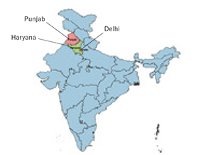 図1：パンジャーブ州とハリヤーナー州の場所を示す地図。