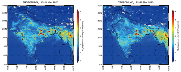 図2：人工衛星データ（TROPOMI）が捉えた二酸化窒素濃度の変化。（左）ロックダウンの直前、（右）ロックダウン直後の二酸化窒素濃度を示す。