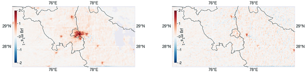 図3：図2のデータに基づいて求めた、デリー地区における人間活動由来の二酸化窒素排出量の推定結果。左はロックダウン直前、右はロックダウン直後。赤く示されているのは、道路や建物が密集する市街地や発電所からの排出量。