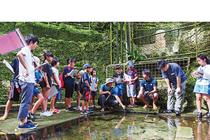 写真1：八重瀬町での「みずのわ教室」。地域の子供たちと一緒に湧き水調査