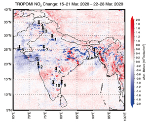 図3：TROPOMIで観測されたNO2濃度分布のロックダウン前後の差。青は減少、赤は増加を示している。ピンはインドの大都市を示す。1, elhi; 2, Mumbai;3, Lahore; ,Islamabad; 5, Karachi; 6, Dhaka; 7, Chittorgarh; 8, Hyderabad;9, Chennai; 10, Bangalore.(Aakashプロジェクト。同プロジェクトのページに掲載された図と説明も参照)