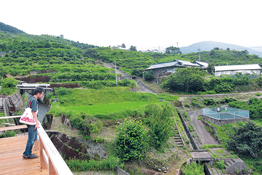 大テラスから棚田を望む寺田さん