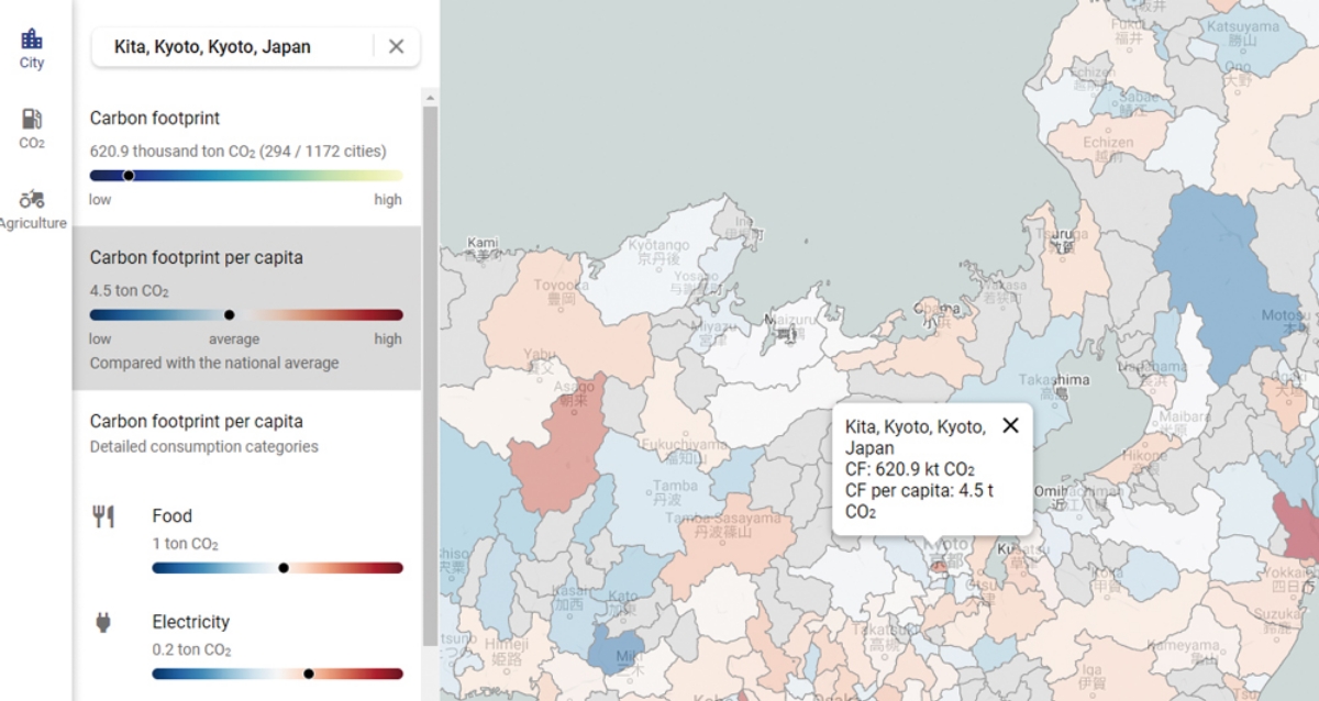 A webpage screenshot of the carbon footprint of cities.