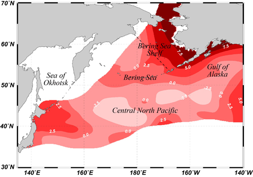 Fig. 3. Map of the estimated isoscape of stable nitrogen isotope ratios. The eastern Bering Sea Shelf showed the highest isotope ratios in the region.