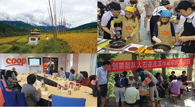 Photo Upper left- Bhutanese agricultural landscape; Upper right- Children's food literacy education (Japan); Lower left- Consumer food cooperative (Holland); Lower right- Farmers and researcher workshop (China)