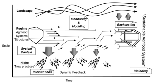 Figure Research activities as part of a transition process (adapted from Geels and Schot 2007). Niche-scaled practices interact with higher level techno-political structures, established cultures, and configurations of power, and are constrained, enabled, and evolve over time. Durable practices have the potential to reconfigure prevailing regimes (such as political, technological, or market orientations) as well as slow-changing social and cultural institutions and values.