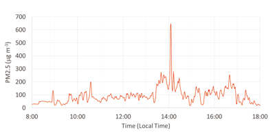 Time series of PM2.5 values that were exposed to the project PI when visiting Punjab on November 2, 2018. The sudden increase of PM2.5 at 14:00 is corresponding to her encounter with a straw burning shown in the Photo 1. Note that the WHO guideline of 24-hours average criterion is 25 μg/m3.