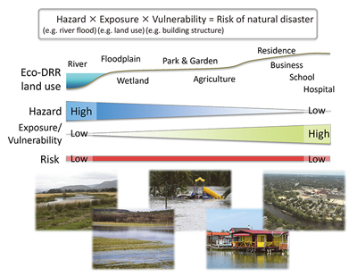 Figure 1 Ecosystem-based disaster risk reduction not only lowers disaster risks but also enhances benefits of ecosystem services by reducing the exposure of human activities in high-hazard locations and supporting human activities in low-hazard locations.