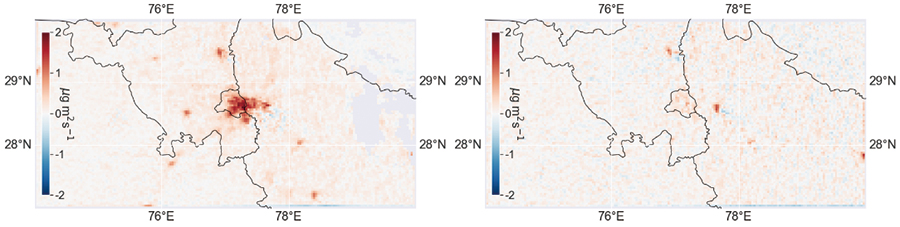 Figure 3 Estimated NOx emission in 2020 during (a) BAU (business-as-usual), and subsequent lockdown-phase (Mar. 22-Apr.14). Emissions from urban areas with dense roads and buildings and from power plants are shown in red.